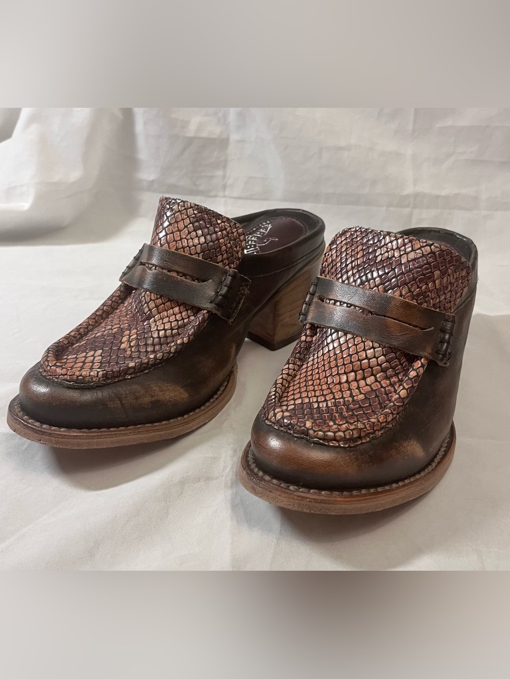 Freebird Collins Brown Snake-Print Leather Mules Clogs